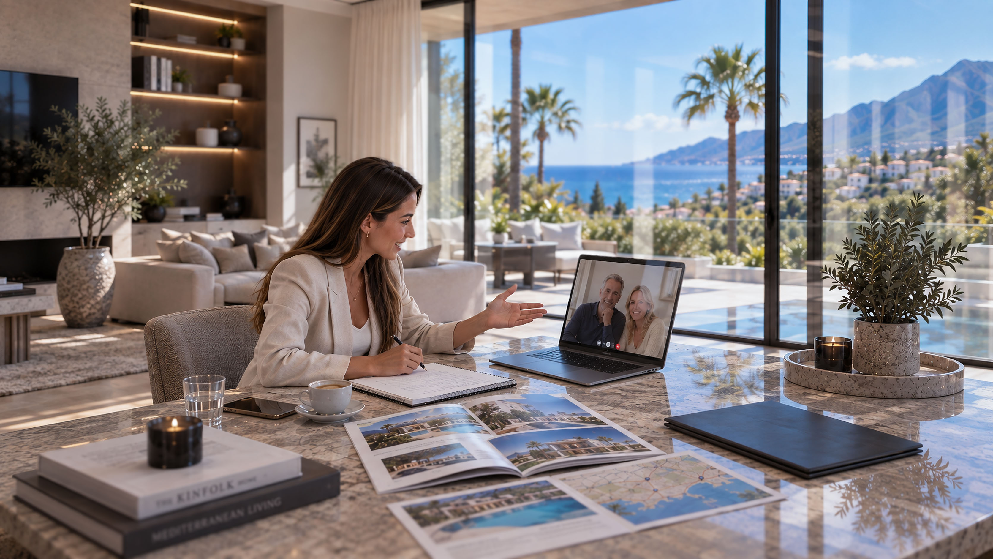 ROCCABOX property consultant on a video call with overseas buyers searching the Costa del Sol