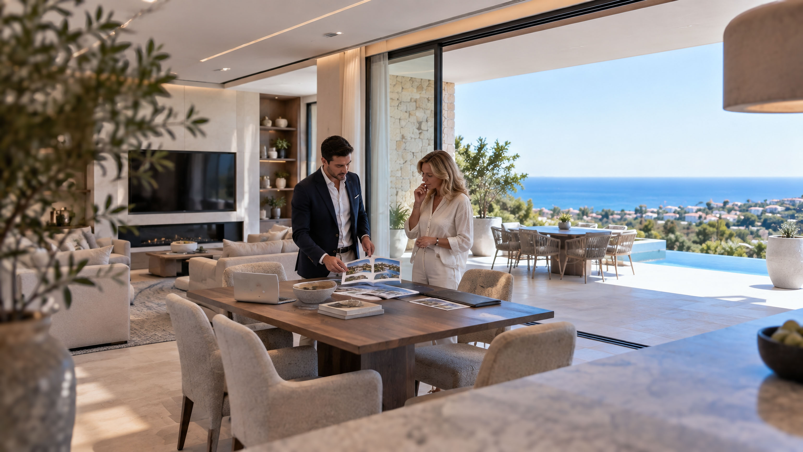ROCCABOX property consultant reviewing property details with a client in a Costa del Sol home